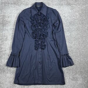 Vintage Siste's Dress Women's Medium Navy‎ Blue Tiered Ruffle Front Flared Cuffs